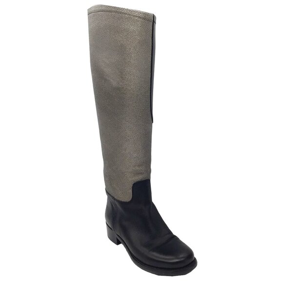 Chanel Black / Silver Metallic CC Logo Embossed Flat Tall Leather Riding Boots - Picture 1 of 8
